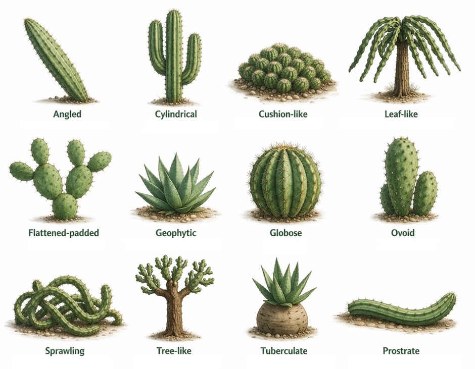 A labelled chart of twelve cactus growth forms (Angled, Cylindrical, Cushion-like, Leaf-like, Flattened-padded, Geophyte, Globose, Ovoid, Sprawling, Tree-like, Tuberculate, Prostrate).